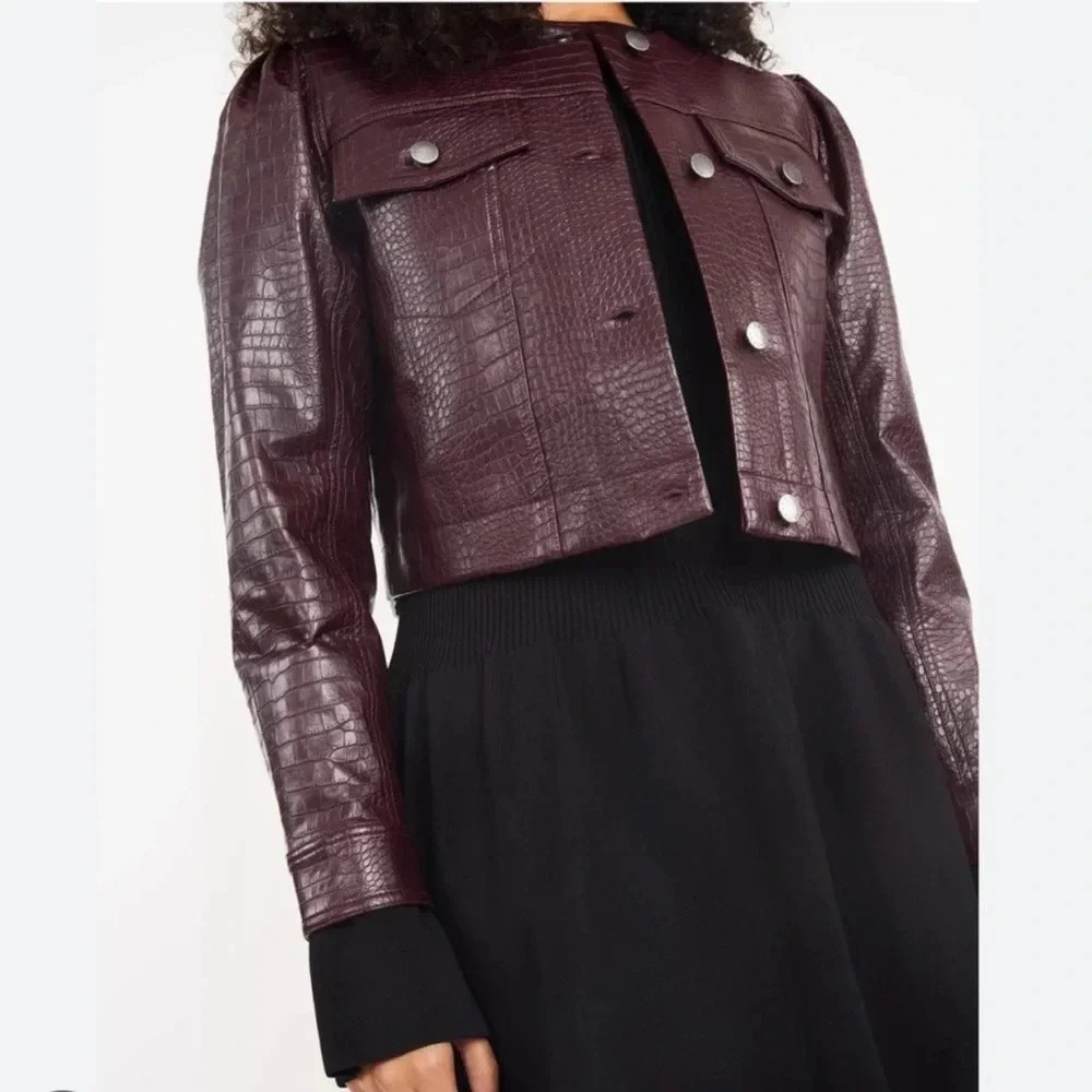 🍷 Tanya Taylor Dakota Croc-Embossed Jacket 💜 Plum Faux Leather NWT L 🍷